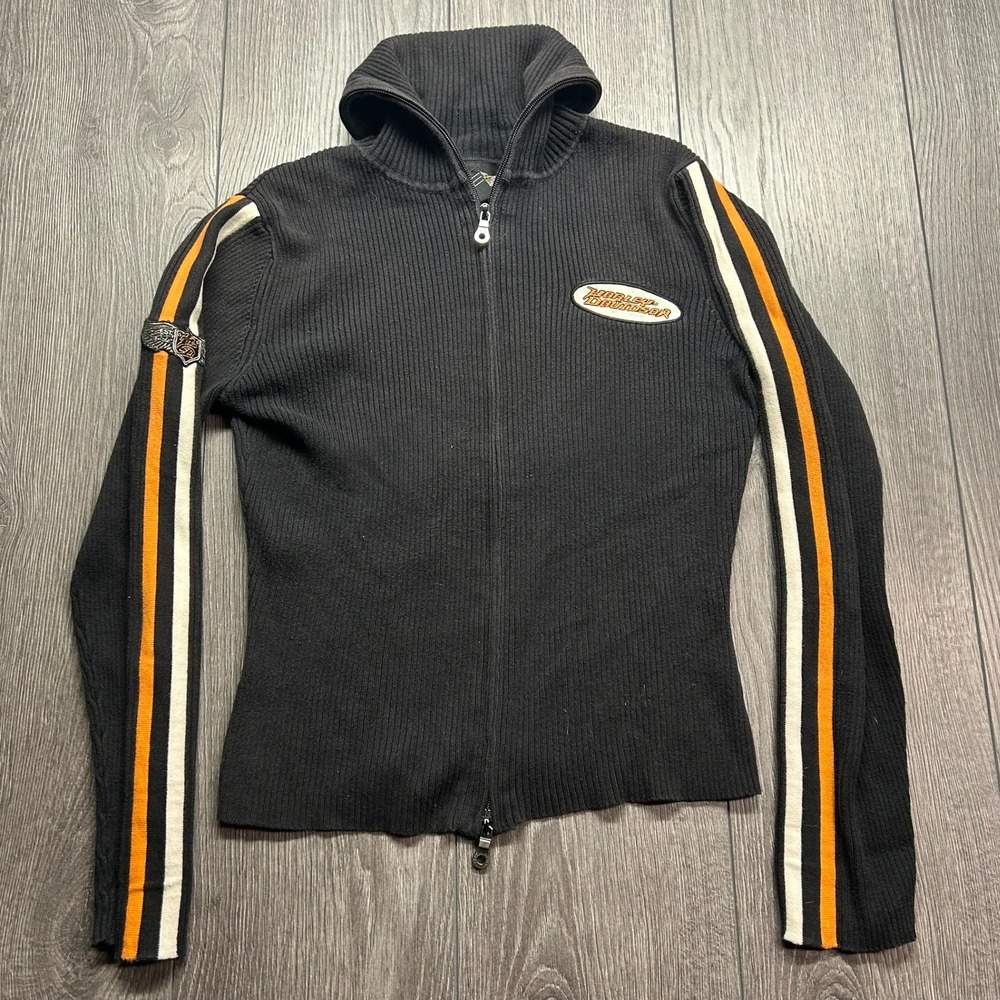 Harley Davidson Womens Black Small Ribbed Knit Full Zip Sweater Y2K Racing Strip